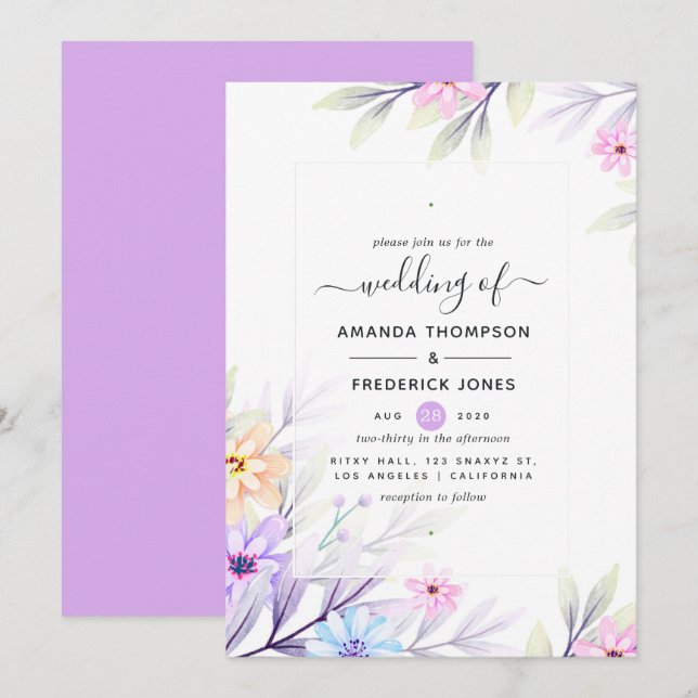 Invitation Mariage Floral Aquarelle Pastel (Devant / Derrière)