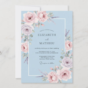 Invitation Mariage Floral Aquarelle Pastel Bleu Ciel