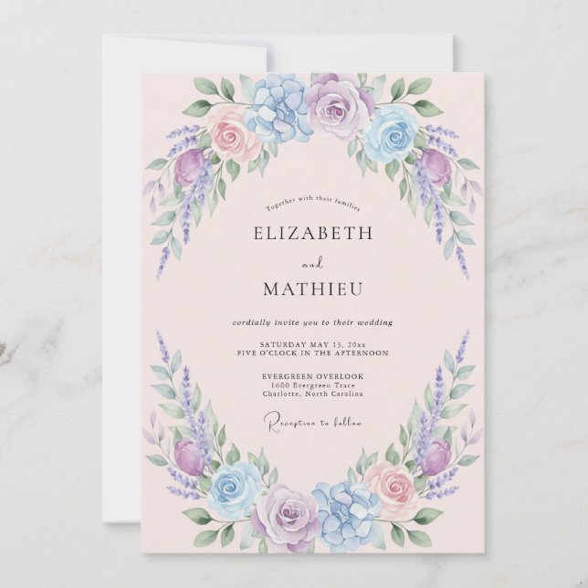 Invitation Mariage Floral Aquarelle Pastel Pervenche (Devant)
