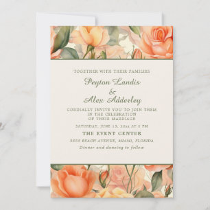 Invitation Mariage floral aquarelle pêche orange sur fond crè