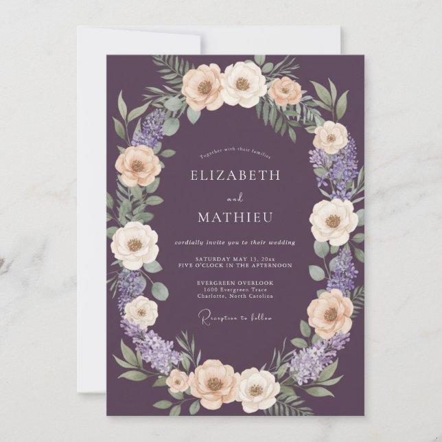 Invitation Mariage Floral Aquarelle Pêche Prune (Devant)