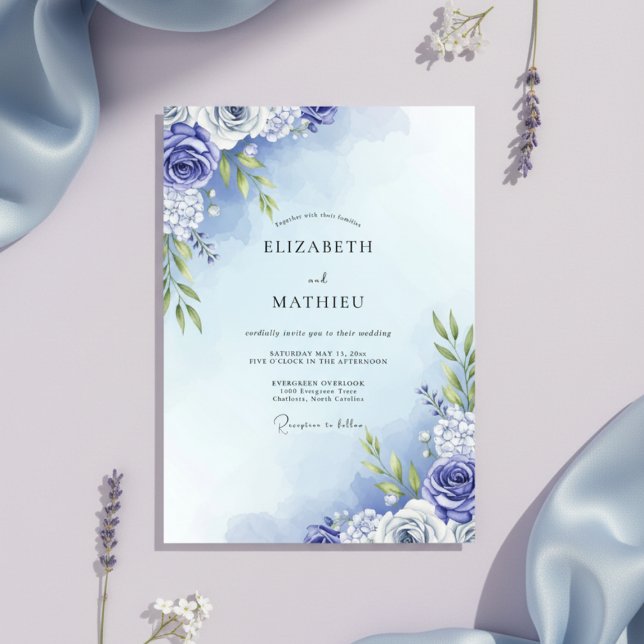 Invitation Mariage Floral Aquarelle Pervenche (Créateur téléchargé)