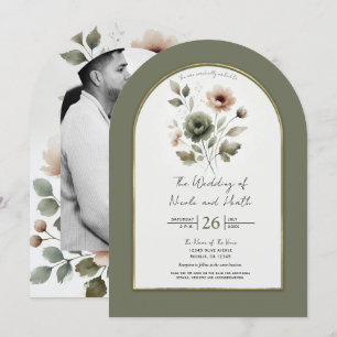 Invitation Mariage floral aquarelle poussiéreux olive rose et