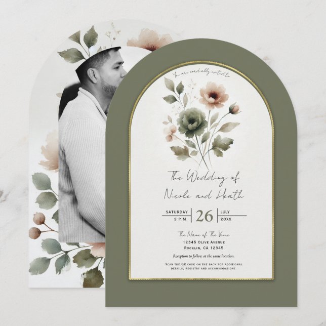 Invitation Mariage floral aquarelle poussiéreux olive rose et (Devant / Derrière)