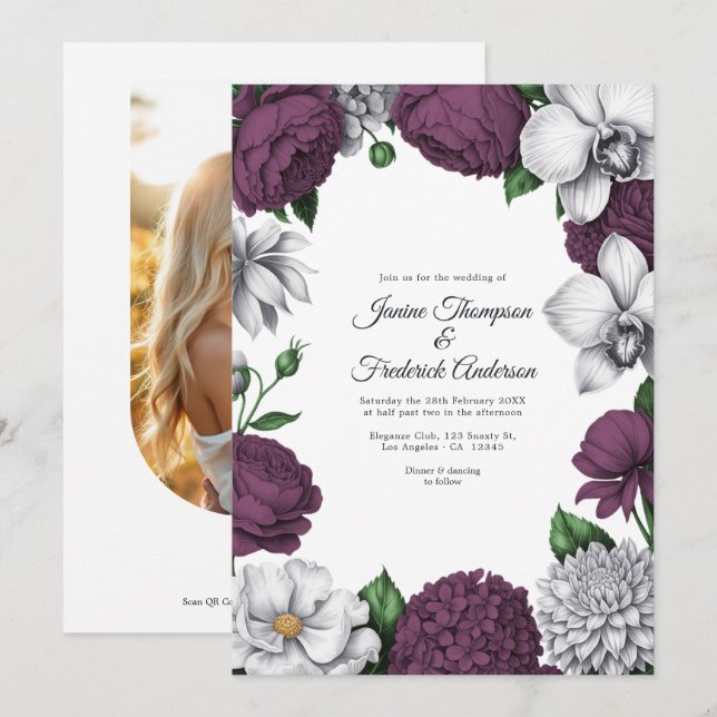 Invitation Mariage Floral Aquarelle Prune & Argent (Devant / Derrière)
