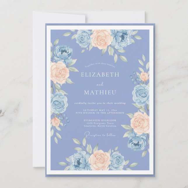 Invitation Mariage Floral Aquarelle Romantique Pervenche (Devant)