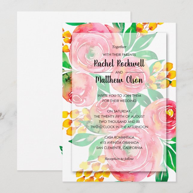 Invitation Mariage Floral Aquarelle Rose (Devant / Derrière)