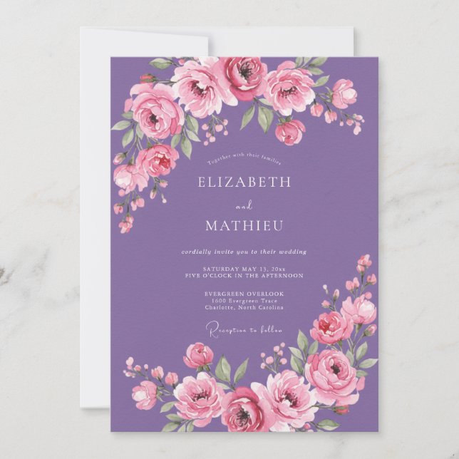Invitation Mariage Floral Aquarelle Rose Améthyste (Devant)