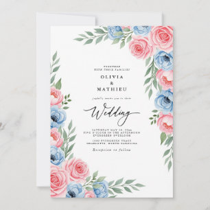 Invitation Mariage Floral Aquarelle Rose Azur