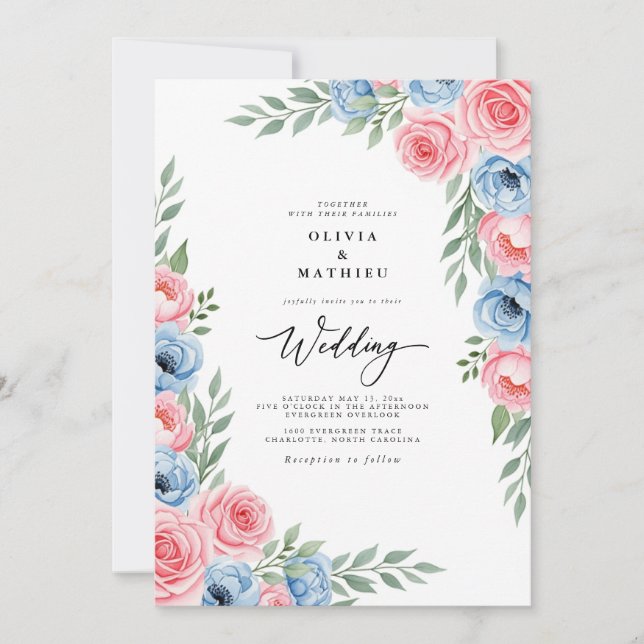 Invitation Mariage Floral Aquarelle Rose Azur (Devant)