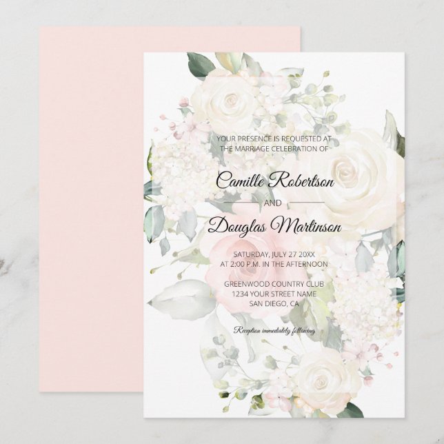 Invitation Mariage Floral Aquarelle Rose Blanc | (Devant / Derrière)