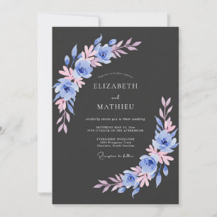 Invitation Mariage Floral Aquarelle Rose Bleu Charbon