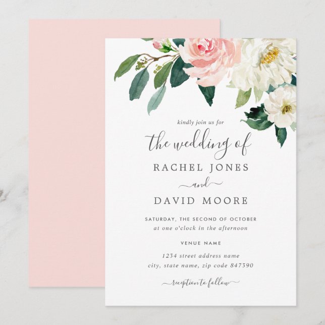 Invitation Mariage Floral Aquarelle Rose Blush (Devant / Derrière)