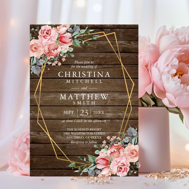 Invitation Mariage floral aquarelle rose blush or rustique (Watercolor Floral Blush Pink Rustic Gold Wedding Invitation)