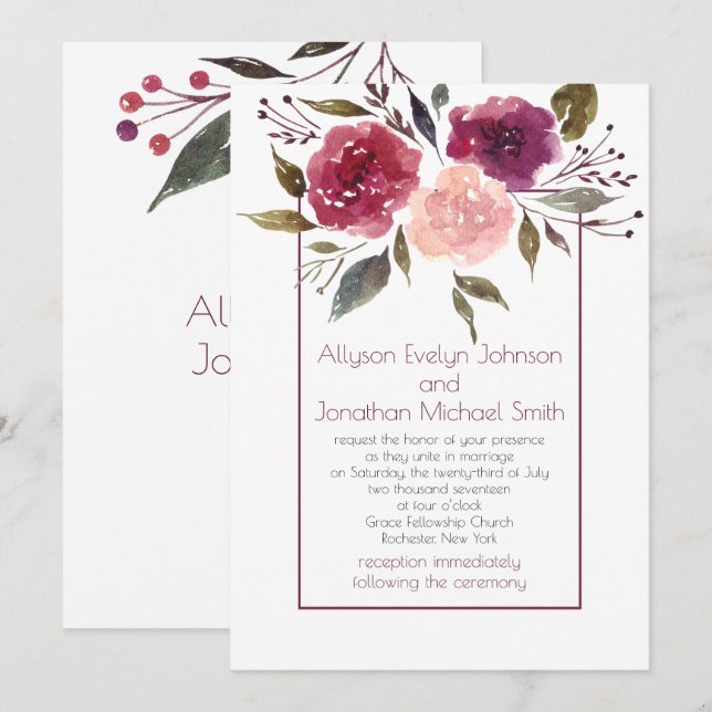 Invitation Mariage Floral Aquarelle Rose Bourguignon Rustique (Devant / Derrière)