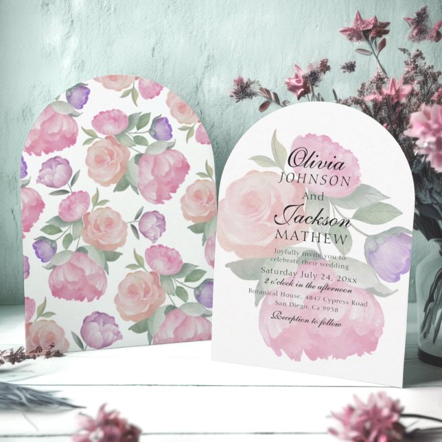 Invitation Mariage Floral Aquarelle Rose et Violet  (Créateur téléchargé)