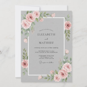 Invitation Mariage Floral Aquarelle Rose Gris