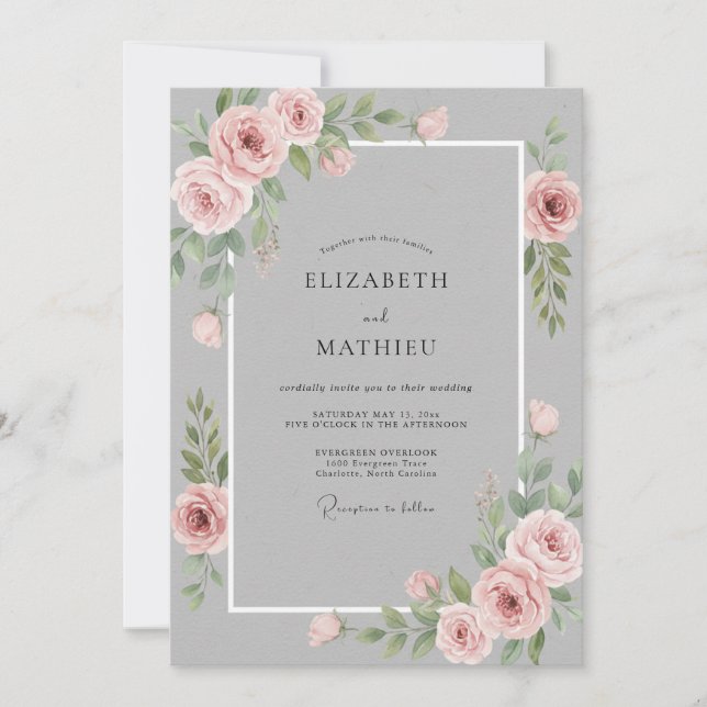 Invitation Mariage Floral Aquarelle Rose Gris (Devant)