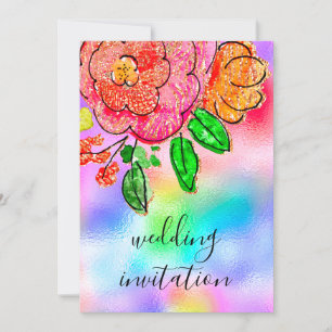 Invitation Mariage Floral Aquarelle Rose Holographe rose