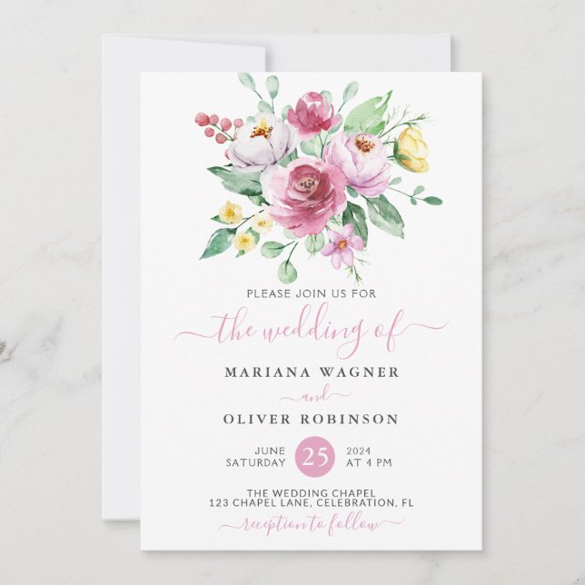 Invitation Mariage Floral Aquarelle Rose Jaune (Devant)