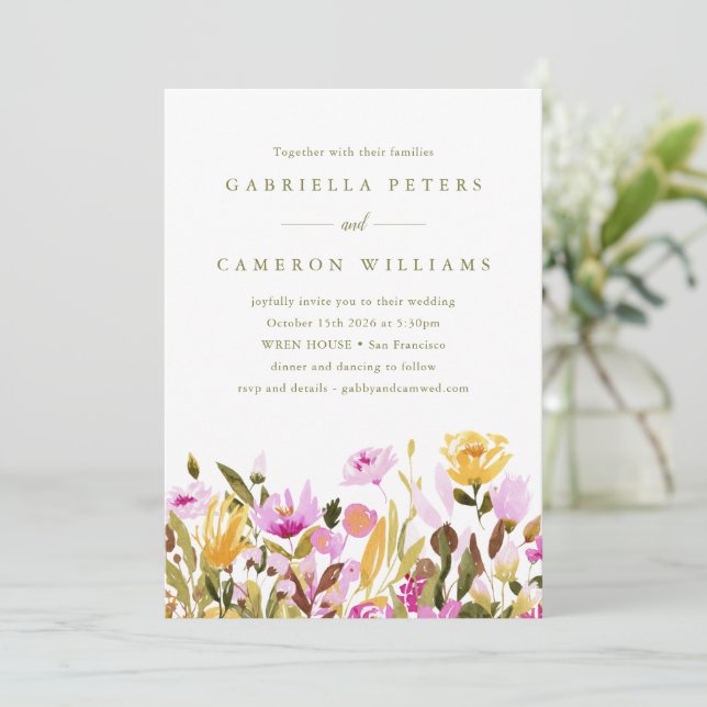 Invitation Mariage Floral Aquarelle Rose Jaune Fantaisiste (Debout devant)
