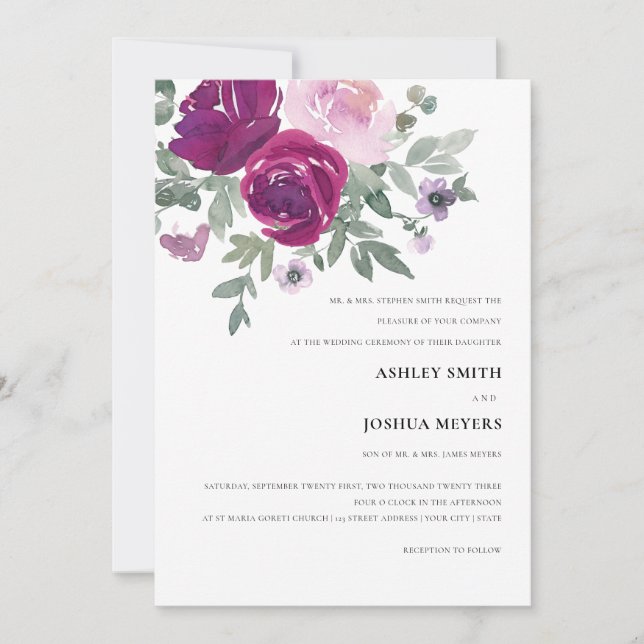 Invitation Mariage Floral Aquarelle Rose Magenta (Devant)