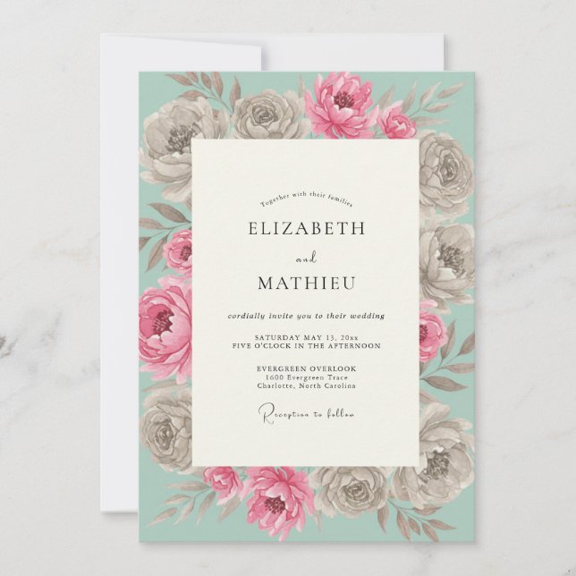 Invitation Mariage Floral Aquarelle Rose Menthe (Devant)