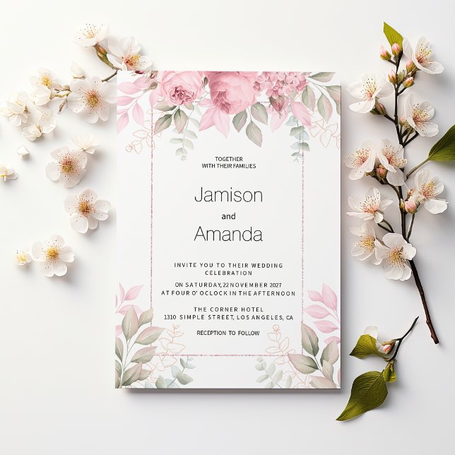 Invitation Mariage floral aquarelle rose menthe blanc (Watercolor blush pink mint white floral Wedding)