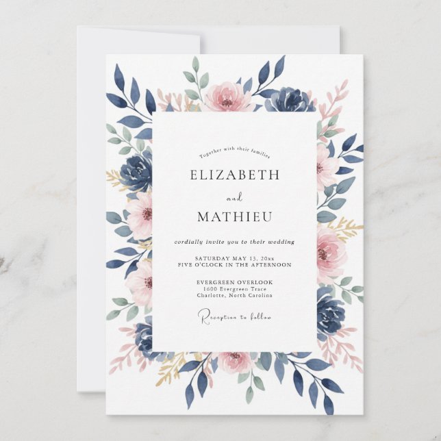 Invitation Mariage Floral Aquarelle Rose Navy (Devant)