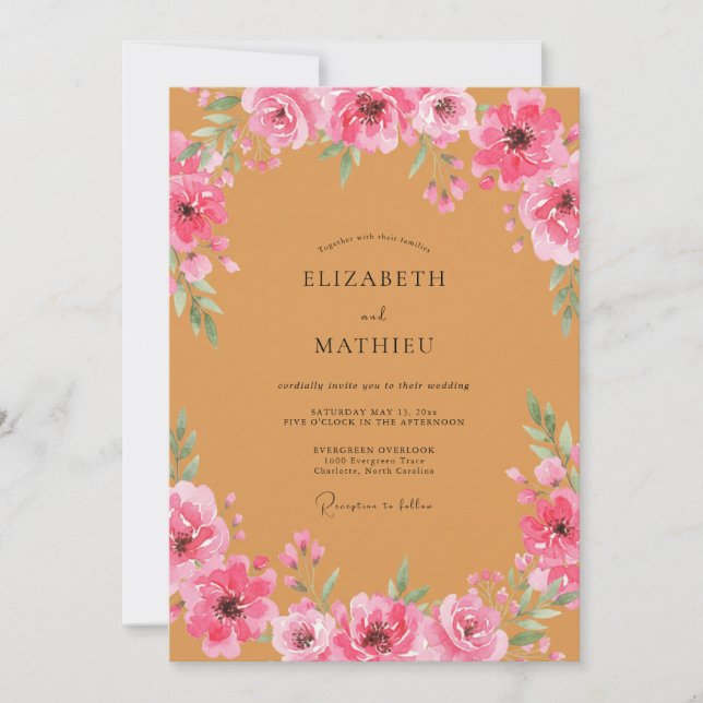 Invitation Mariage Floral Aquarelle Rose Ocre (Devant)
