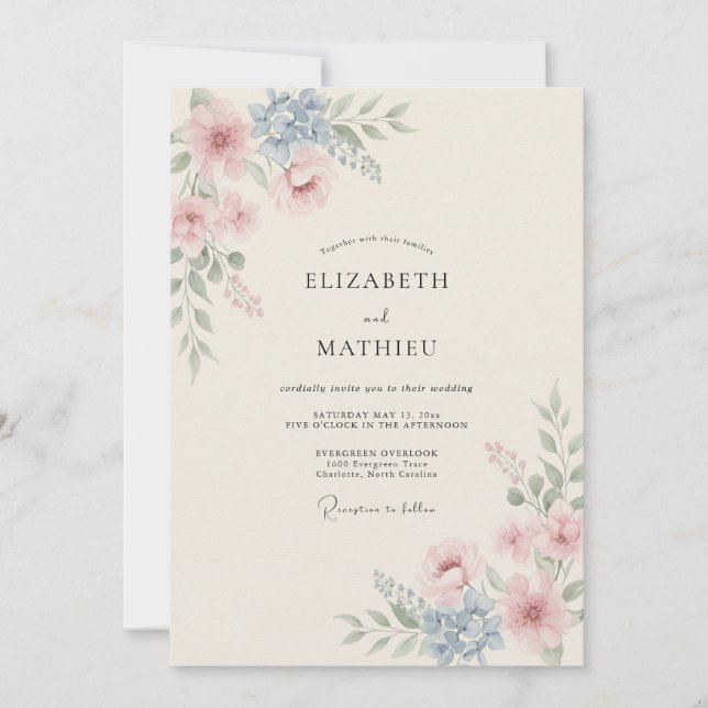 Invitation Mariage Floral Aquarelle Rose Pâle (Devant)