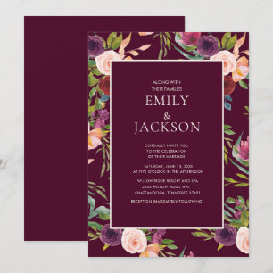 Invitation Mariage Floral Aquarelle Rose Pâle et Bourgogne