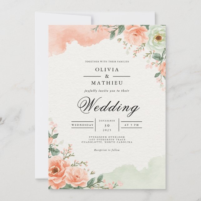 Invitation Mariage Floral Aquarelle Rose Pêche (Devant)