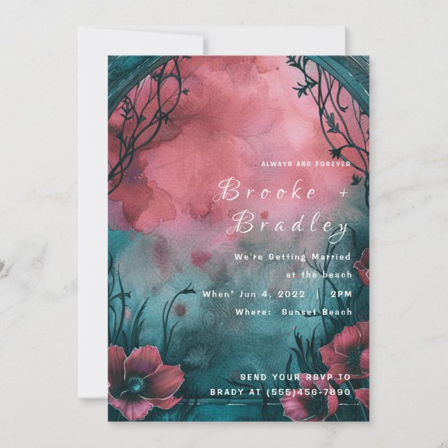 Invitation Mariage floral aquarelle rose sarcelle bleu (Devant)