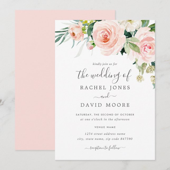 Invitation Mariage Floral Aquarelle Rose Tendre (Devant / Derrière)