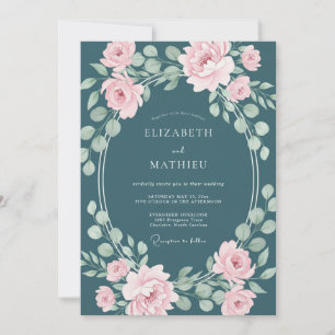 Invitation Mariage Floral Aquarelle Rose Turquoise