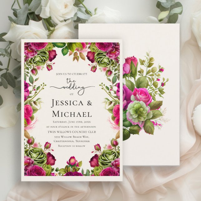 Invitation Mariage Floral Aquarelle Rose Vert Romantique (Romantic pink and green watercolor flowers wedding invitation)