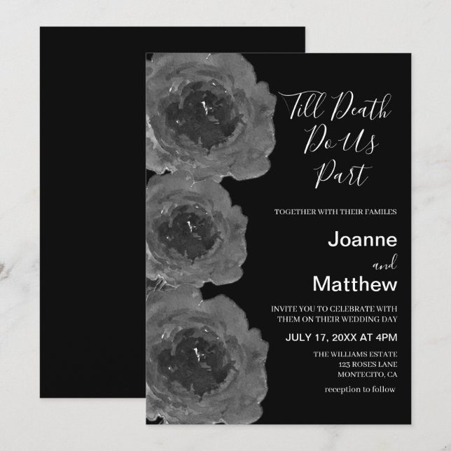 Invitation Mariage Floral Aquarelle Roses Noires Gothiques (Devant / Derrière)