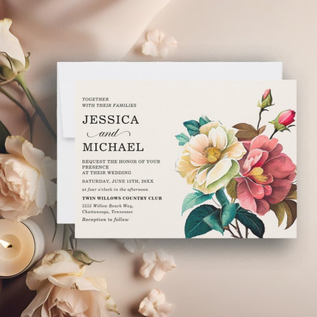 Invitation Mariage floral aquarelle rouge et blanc (Red and white watercolor floral wedding invitation)