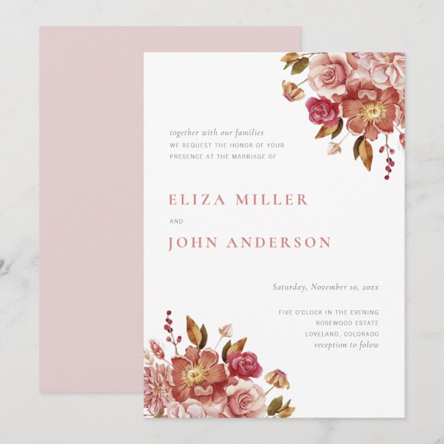 Invitation Mariage Floral Aquarelle Rustique Moderne Rose (Devant / Derrière)