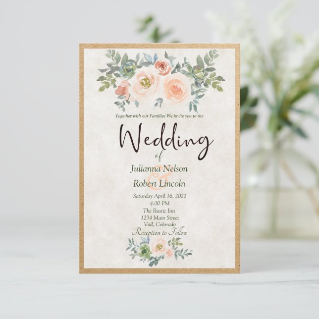 Invitation Mariage floral aquarelle rustique rose et vert  (Debout devant)