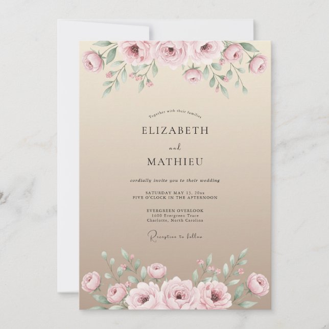 Invitation Mariage Floral Aquarelle Sable Rose (Devant)