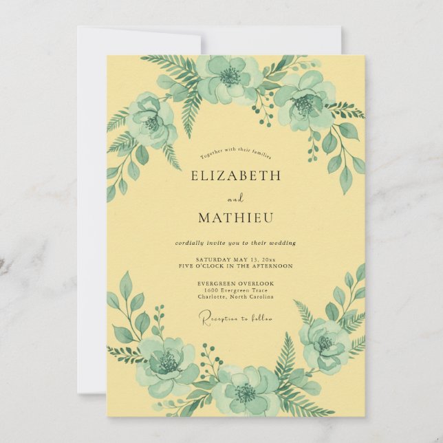 Invitation Mariage Floral Aquarelle Sage Jaune (Devant)