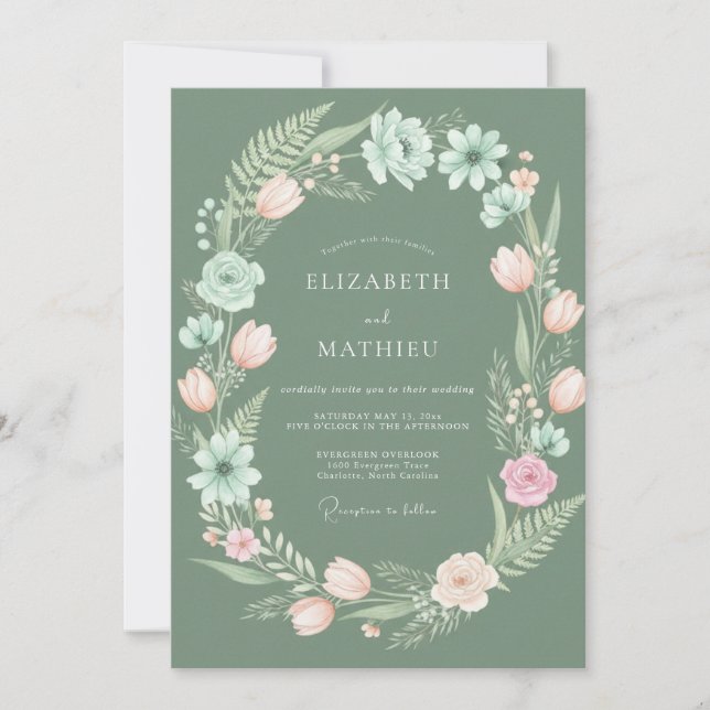 Invitation Mariage Floral Aquarelle Sage Pêche (Devant)