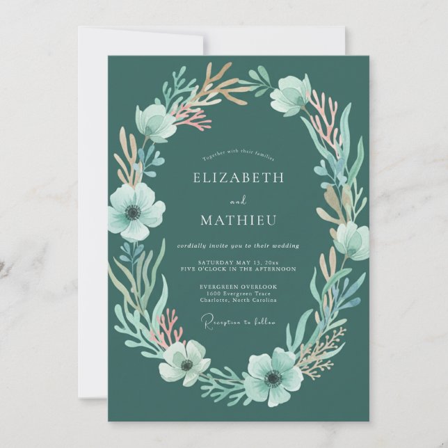 Invitation Mariage floral aquarelle sarcelle profonde (Devant)