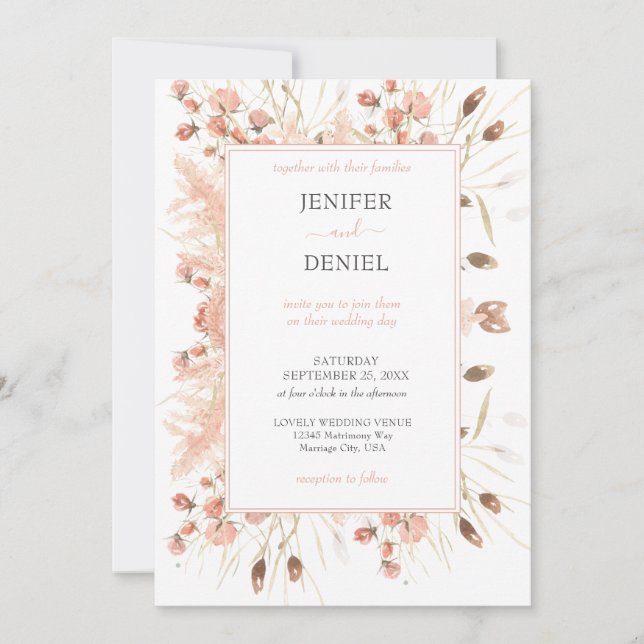 Invitation Mariage Floral Aquarelle Séchée Bohème (Devant)