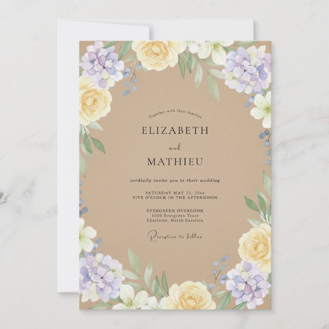Invitation Mariage Floral Aquarelle Tan Lavande (Devant)