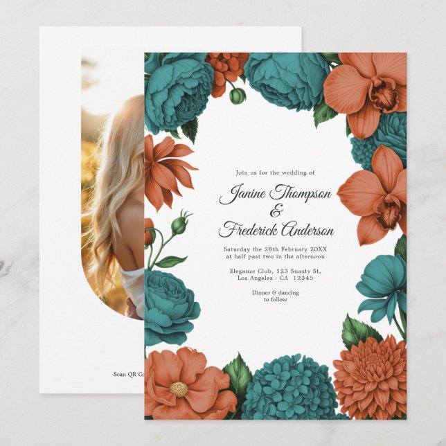 Invitation Mariage Floral Aquarelle Teal & Corail (Devant / Derrière)