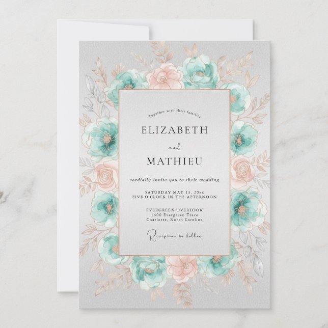 Invitation Mariage Floral Aquarelle Teal Peach (Devant)