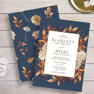 Invitation Mariage Floral Aquarelle Terracotta Automnal Navy